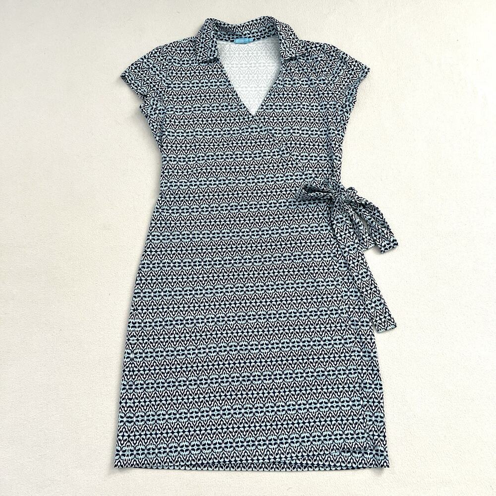 J McLaughlin V Neck Collar Short Sleeve Blue Ikat Print Catalina Wrap Dress S